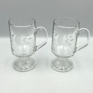 Vintage‎ 1980s Princess House Heritage Etched Glass Footed Mugs Set of 2 France